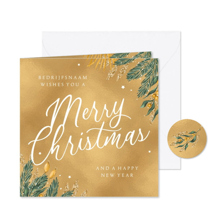 Kerstkaart goud merry christmas zakelijk  - Kaartimpressie