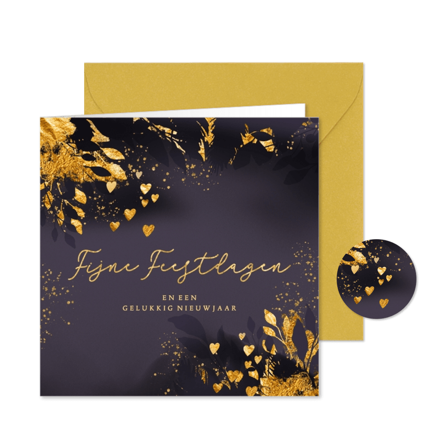 Kerstkaart goud paarse dennentakken - Kaartimpressie