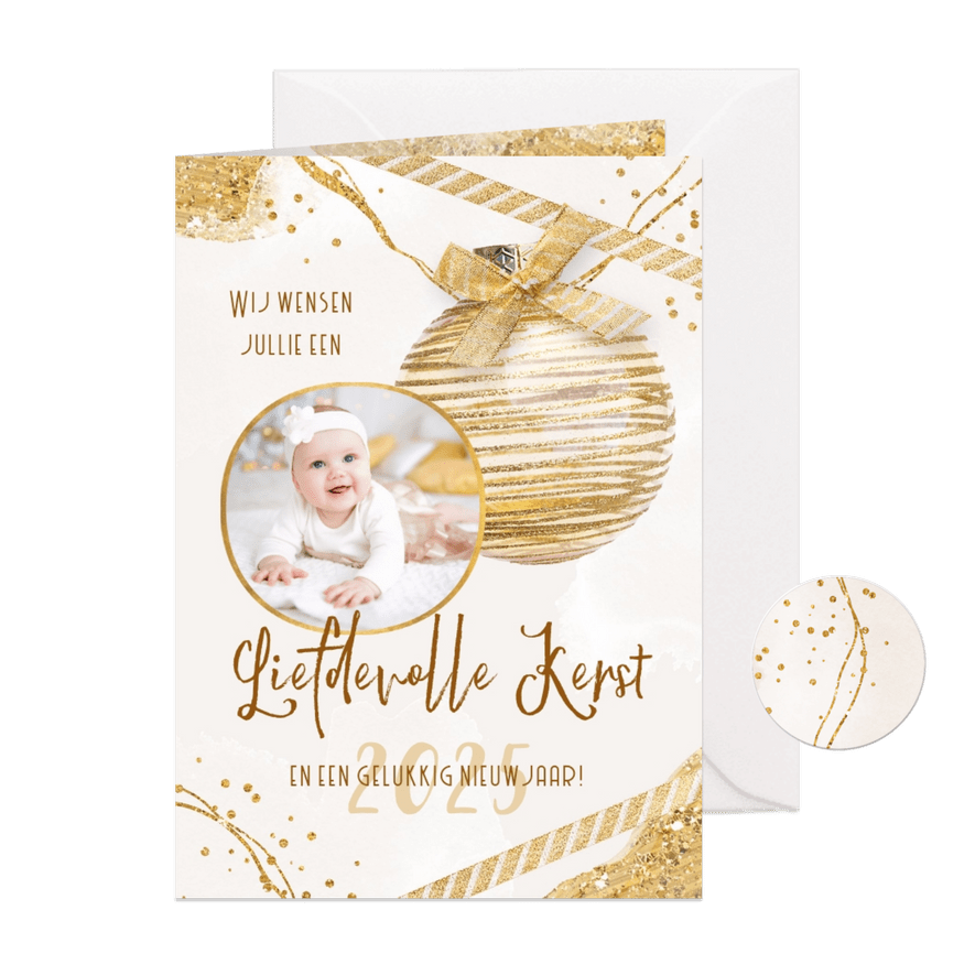 Kerstkaart goud stijlvol kerstbal foto glitter verf - Kaartimpressie