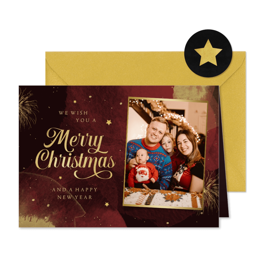 Kerstkaart goud verf rood sterren vuurwerk foto - Kaartimpressie