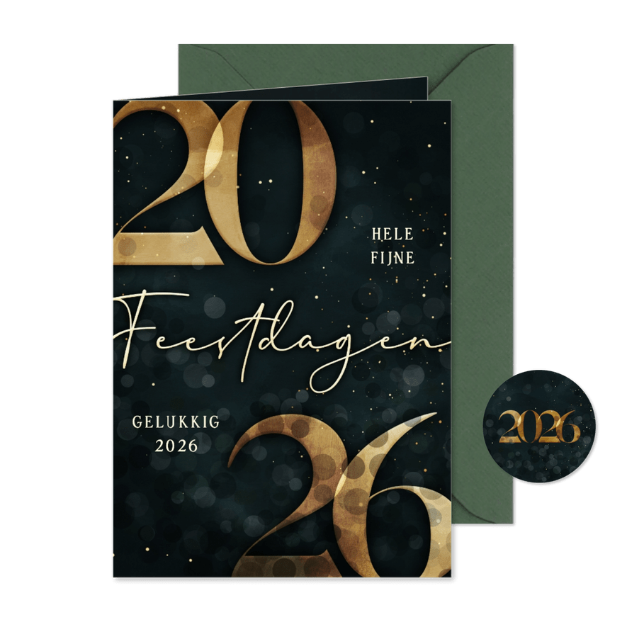 Kerstkaart gouden 2026 donkergroen stijlvol - Kaartimpressie