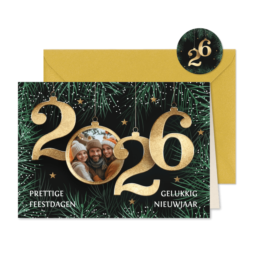 Kerstkaart gouden 2026 met foto - Kaartimpressie