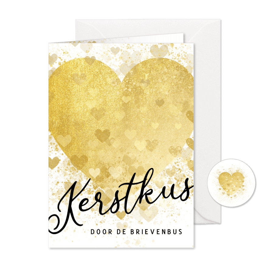 Kerstkaart gouden hart kerstkus brievenbus - Kaartimpressie