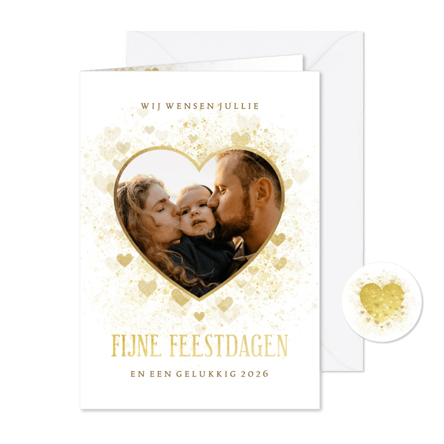 Kerstkaart gouden hart met foto liefdevol  - Kaartimpressie