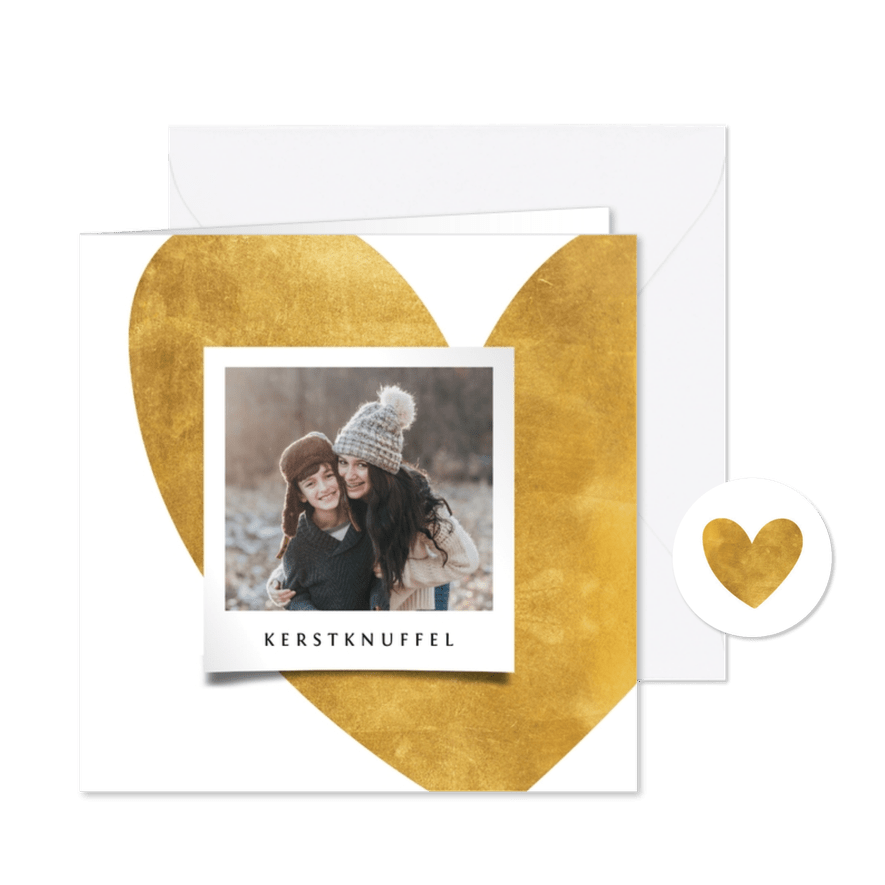 Kerstkaart gouden hart met foto - Kaartimpressie