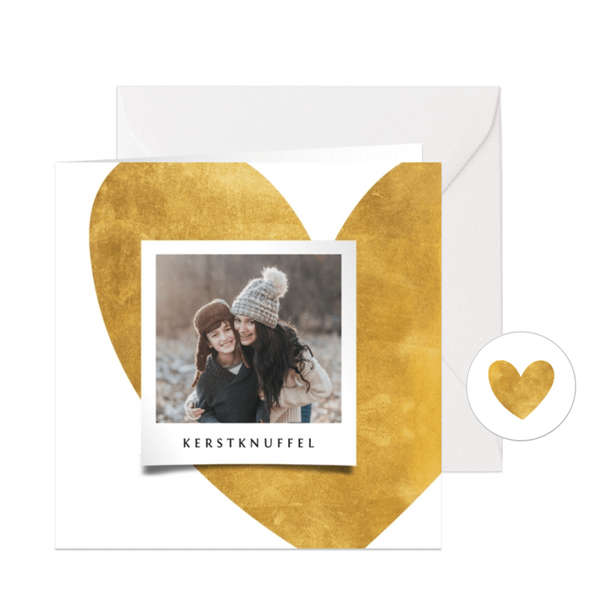 Kerstkaart gouden hart met foto - Kaartimpressie