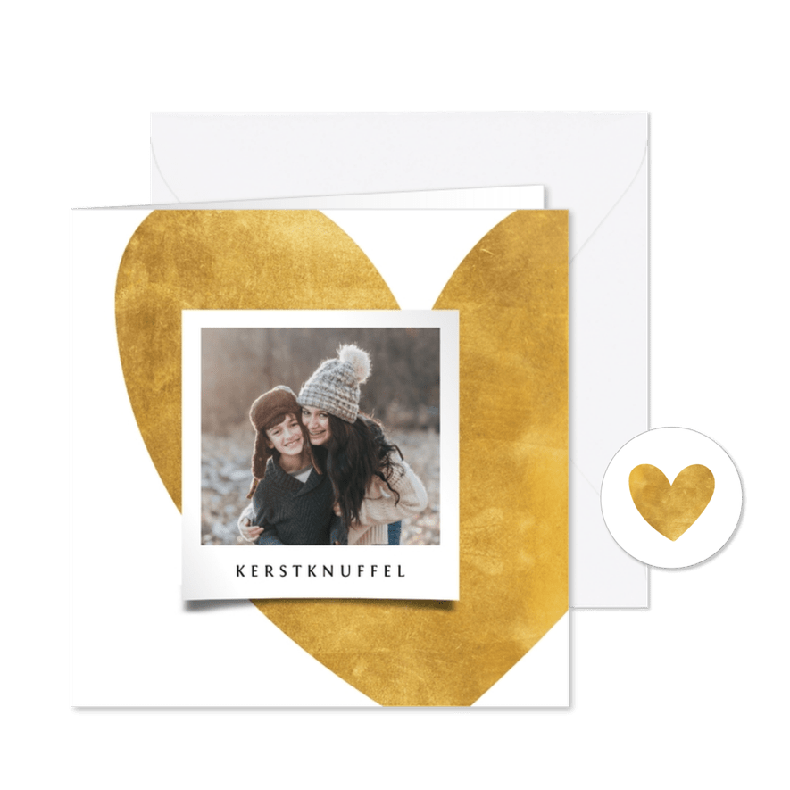 Kerstkaart gouden hart met foto - Kaartimpressie