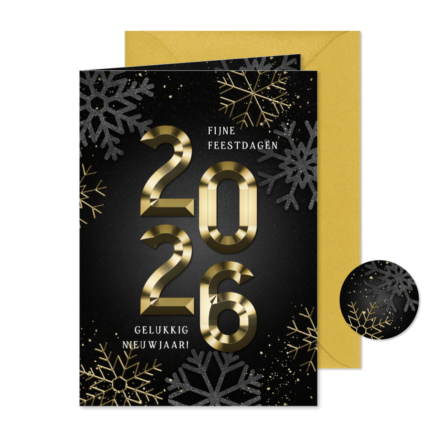 Kerstkaart gouden jaartal 2026 sneeuwvlokken en spetters - Kaartimpressie