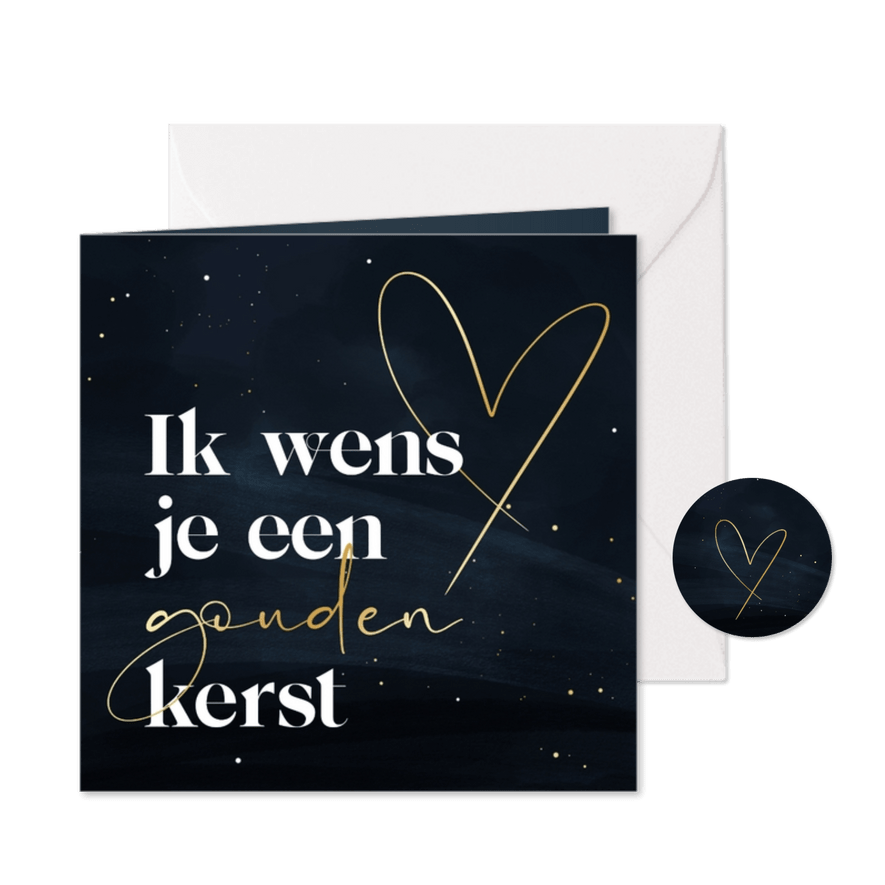 Kerstkaart gouden kerst donkerblauw met hart - Kaartimpressie