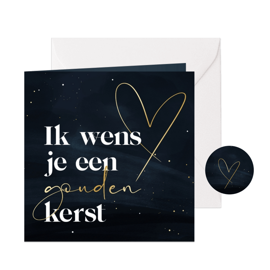 Kerstkaart gouden kerst donkerblauw met hart - Kaartimpressie