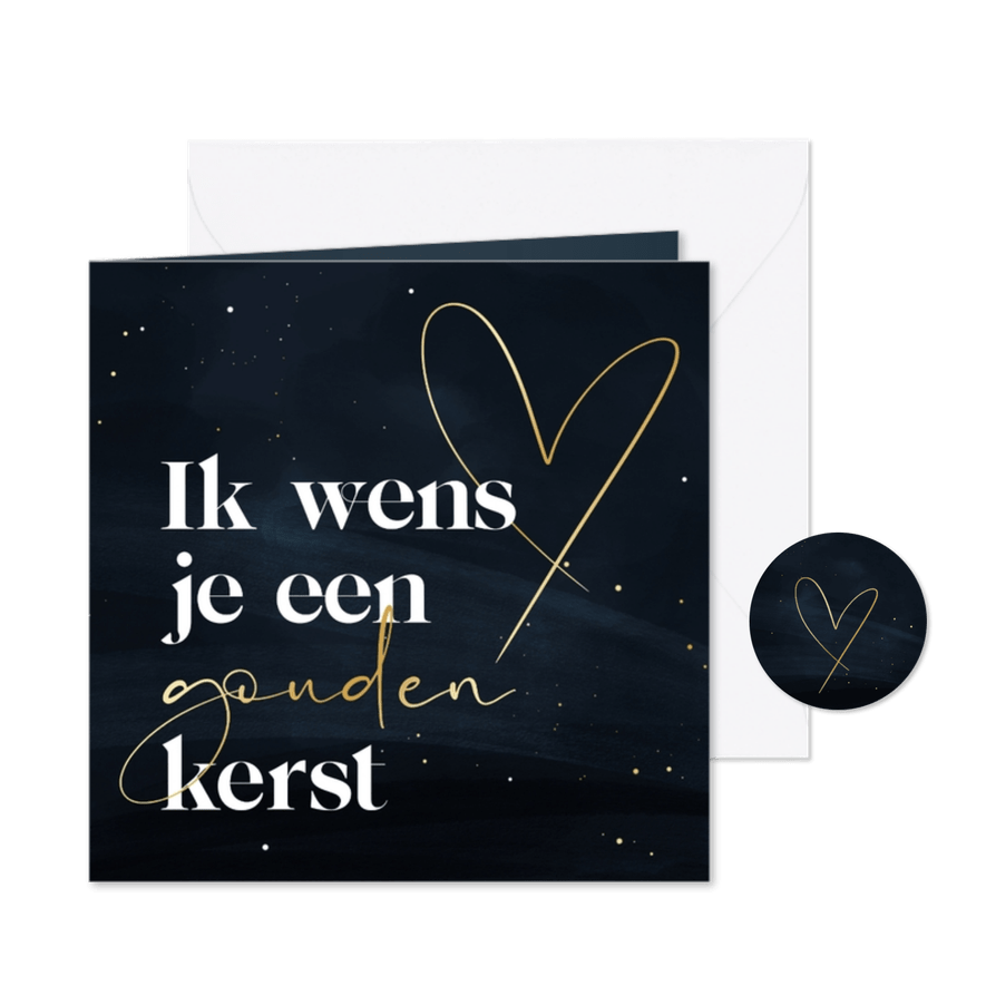 Kerstkaart gouden kerst donkerblauw met hart - Kaartimpressie