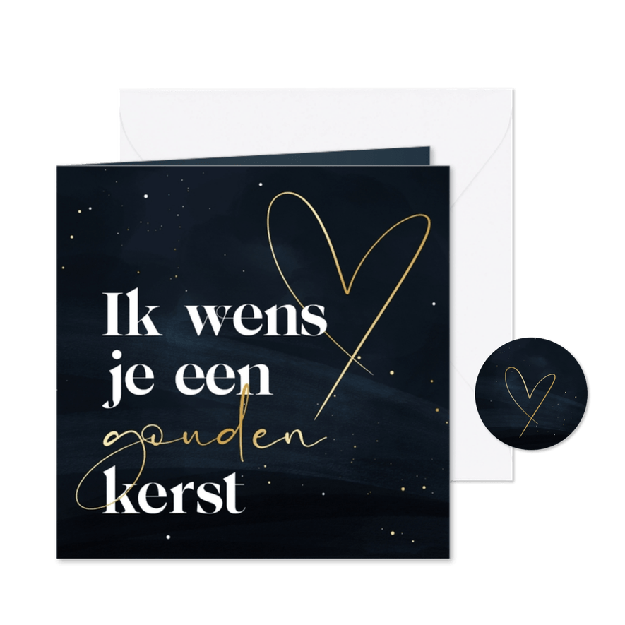 Kerstkaart gouden kerst donkerblauw met hart - Kaartimpressie