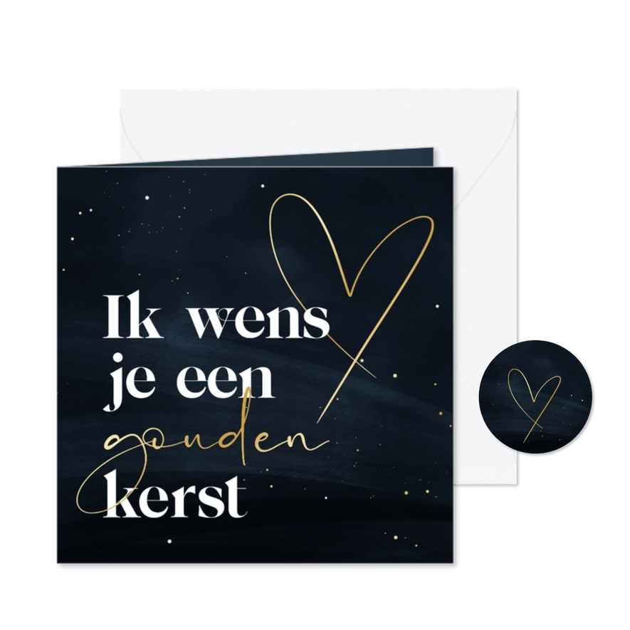 Kerstkaart gouden kerst donkerblauw met hart - Kaartimpressie