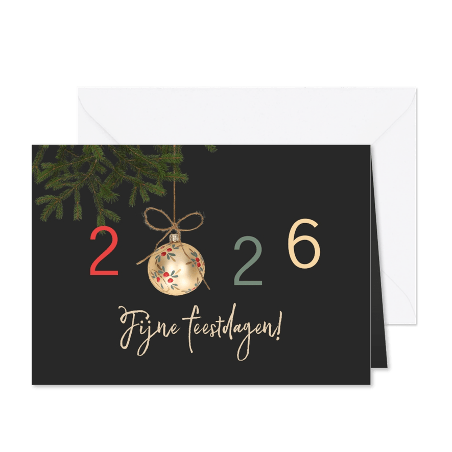 Kerstkaart gouden kerstballen 2026 colors - Kaartimpressie