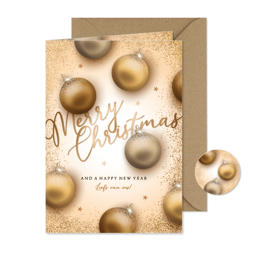 Kerstkaart gouden kerstballen en glitter - Kaartimpressie