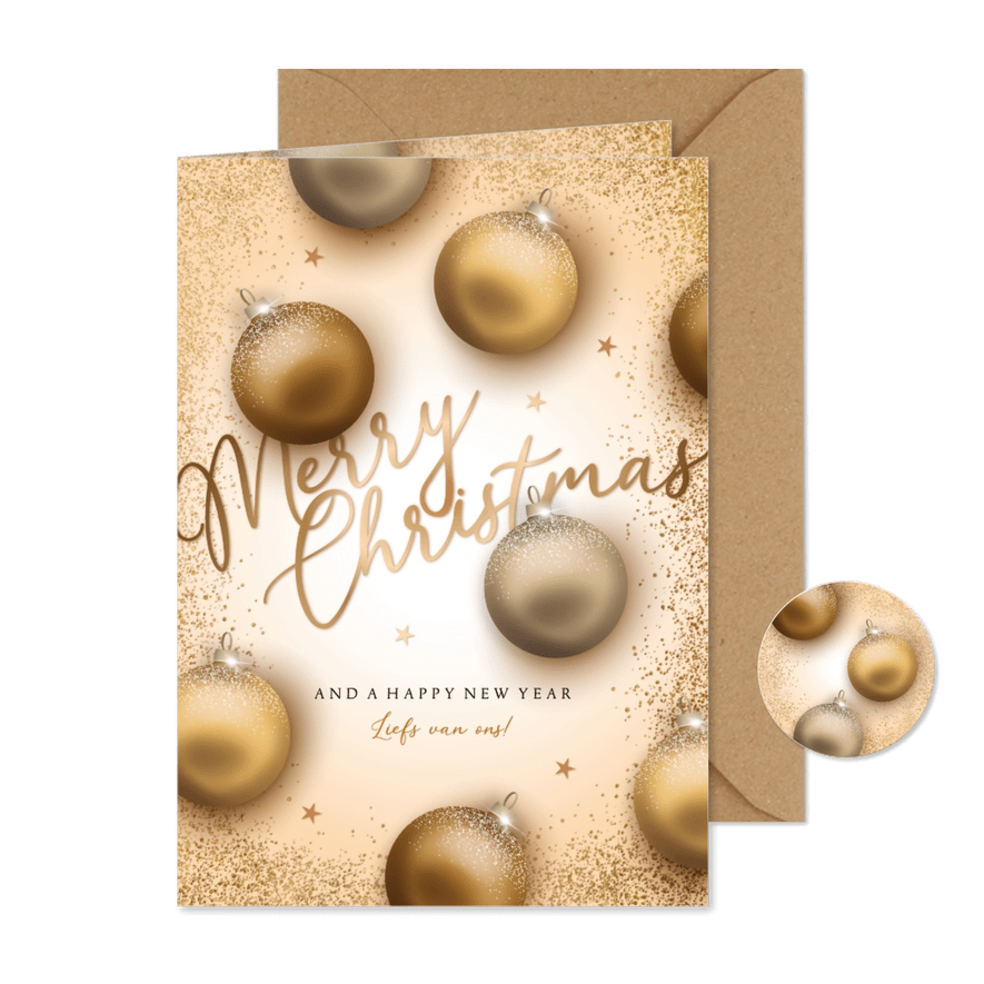 Kerstkaart gouden kerstballen en glitter - Kaartimpressie