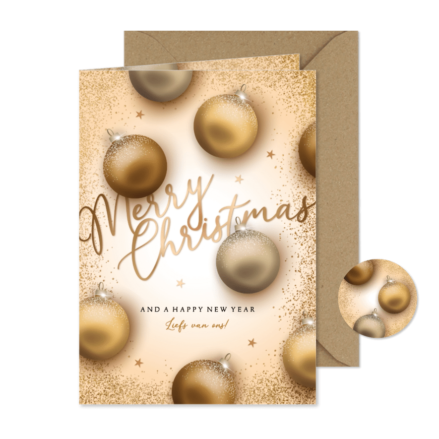Kerstkaart gouden kerstballen en glitter - Kaartimpressie