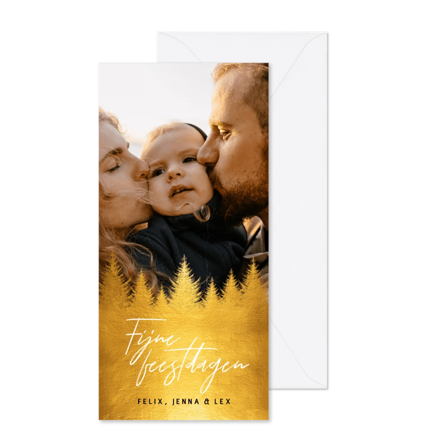 Kerstkaart gouden kerstbomen - Kaartimpressie