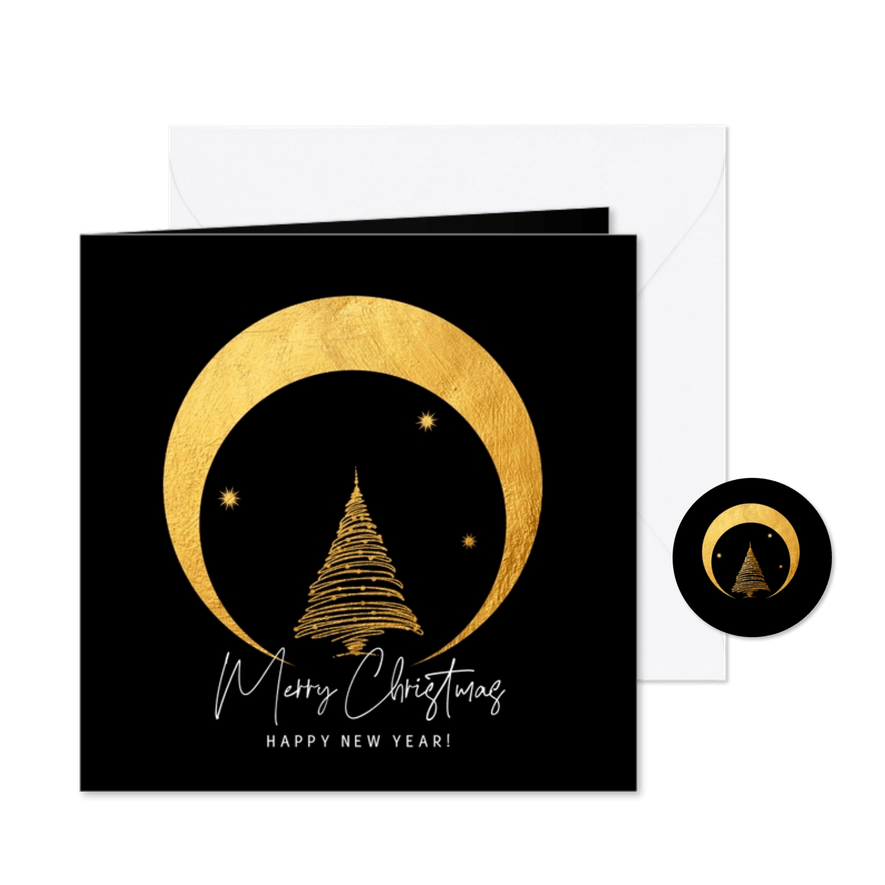 Kerstkaart gouden kerstboom en maan - Kaartimpressie