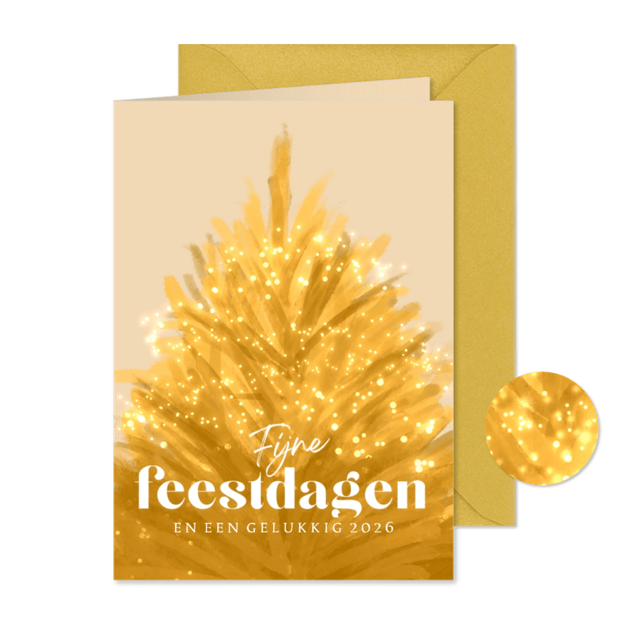 Kerstkaart gouden kerstboom met lichtjes licht - Kaartimpressie