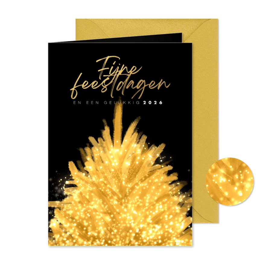 Kerstkaart gouden kerstboom met sprankelende lichtjes - Kaartimpressie