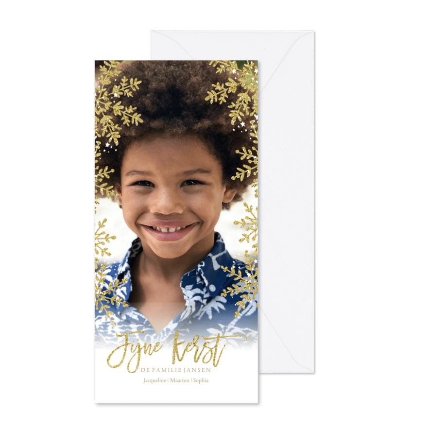 Kerstkaart gouden kerstvlokken lang - Kaartimpressie
