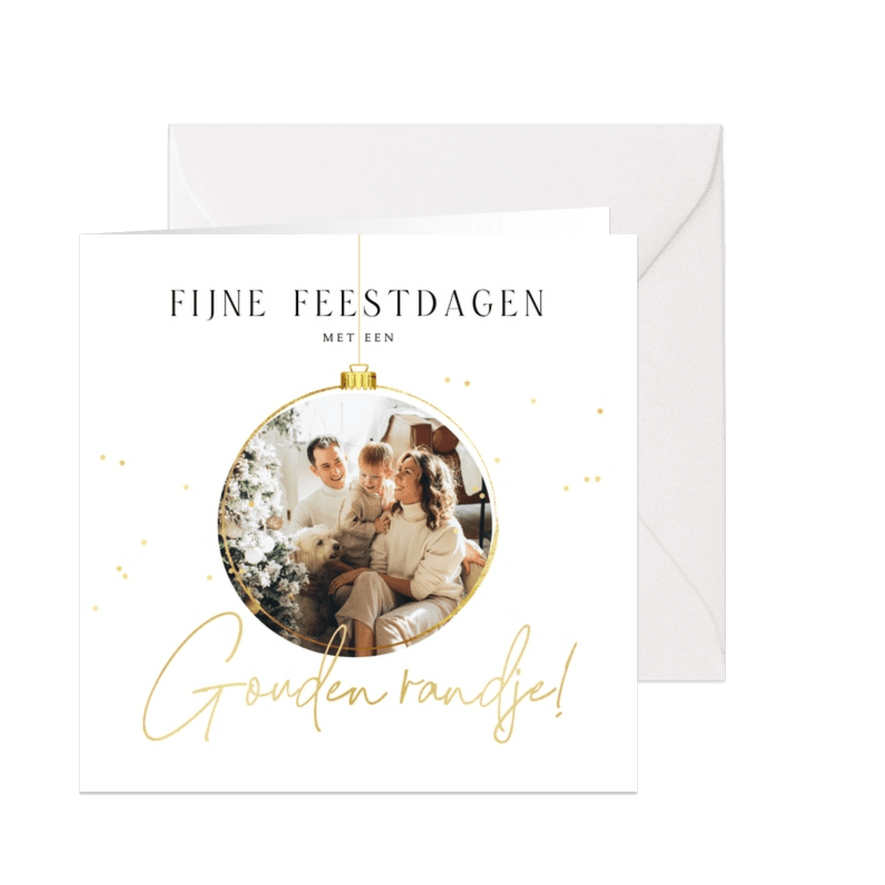 Kerstkaart gouden randje kerstbal foto confetti stijlvol - Kaartimpressie