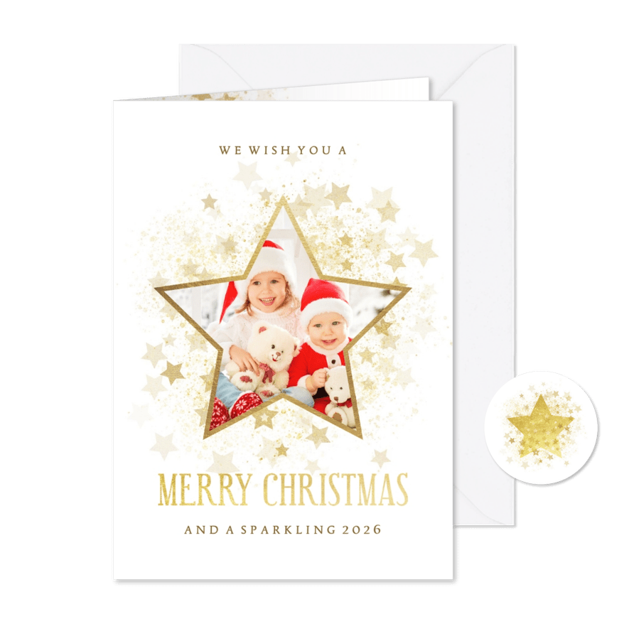 Kerstkaart gouden ster met foto stijlvol - Kaartimpressie
