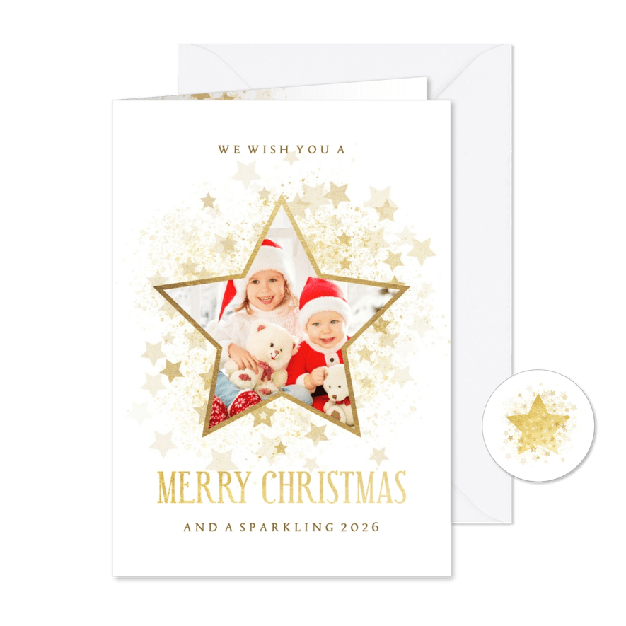 Kerstkaart gouden ster met foto stijlvol - Kaartimpressie