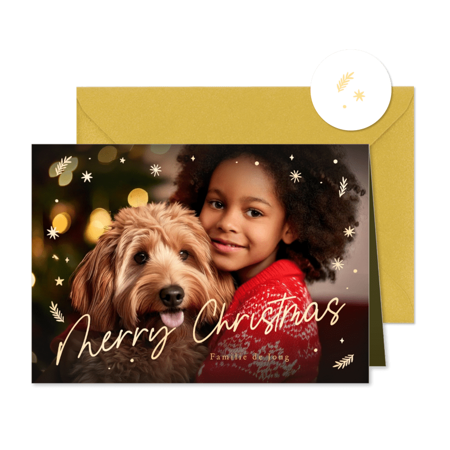 Kerstkaart gouden sterren en grote eigen foto - Kaartimpressie