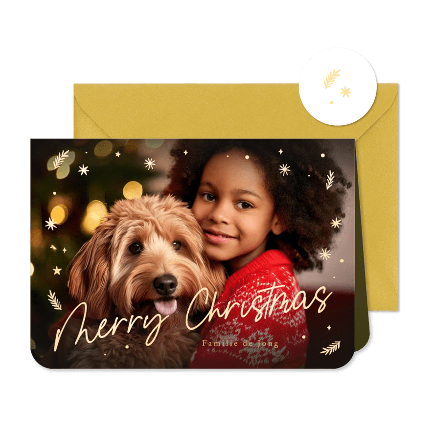 Kerstkaart gouden sterren en grote eigen foto - Kaartimpressie