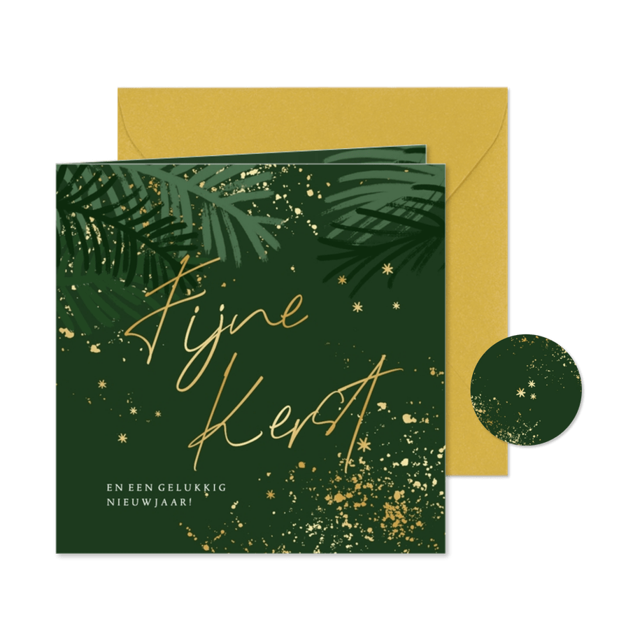 Kerstkaart gouden sterren spetters takjes Fijne Kerst groen - Kaartimpressie