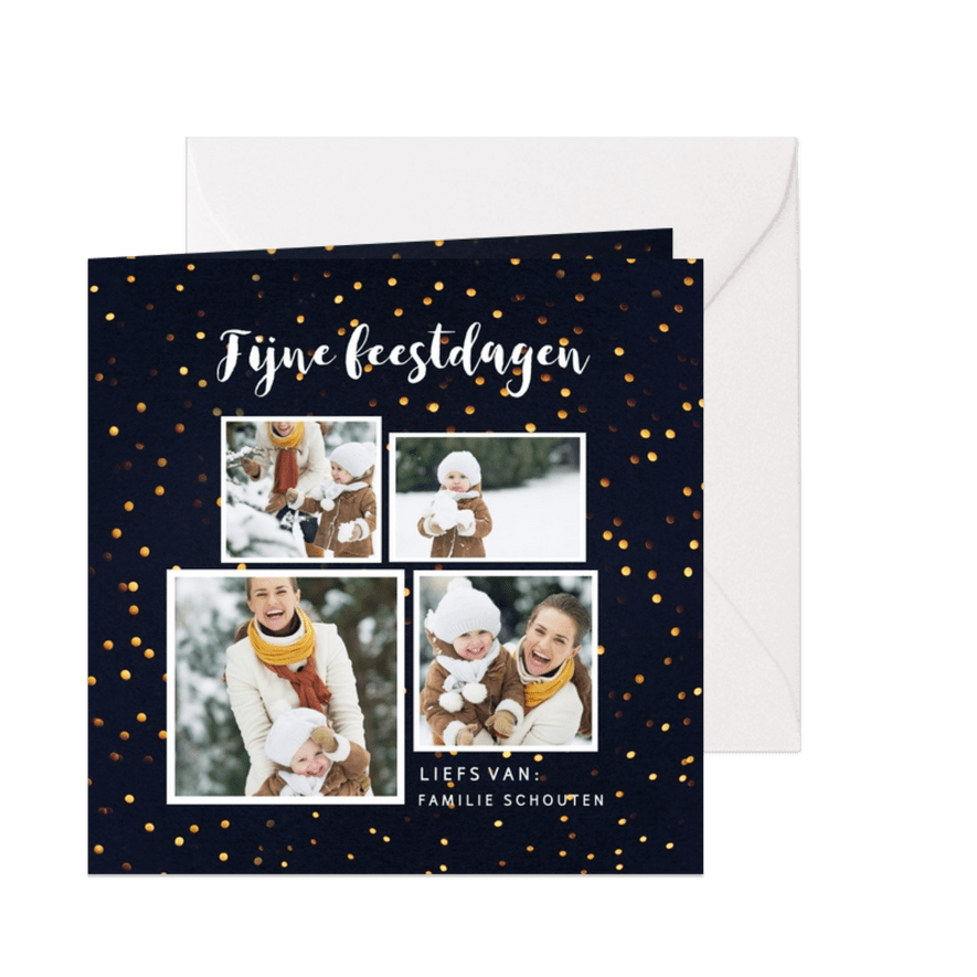 Kerstkaart gouden stippen met  4 foto's - Kaartimpressie