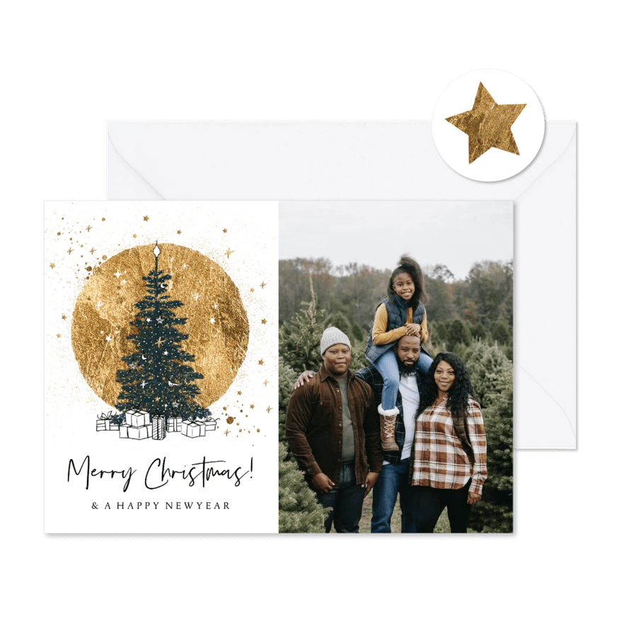 Kerstkaart goudlook cirkel kerstboom cadeaus sterren - Kaartimpressie