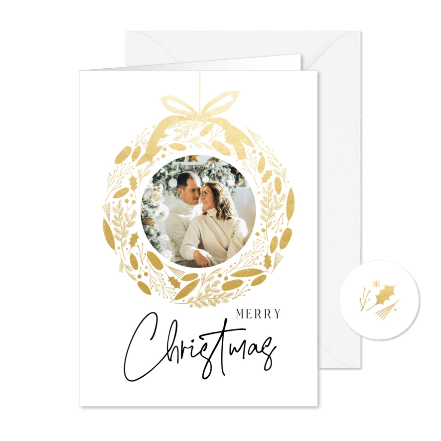 Kerstkaart goudlook foto kerstkrans merry christmas  - Kaartimpressie