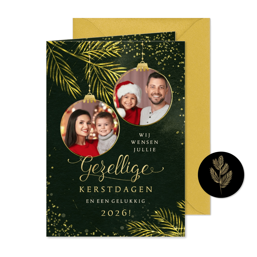 Kerstkaart goudlook sprankelend fotocollage kerstballen - Kaartimpressie