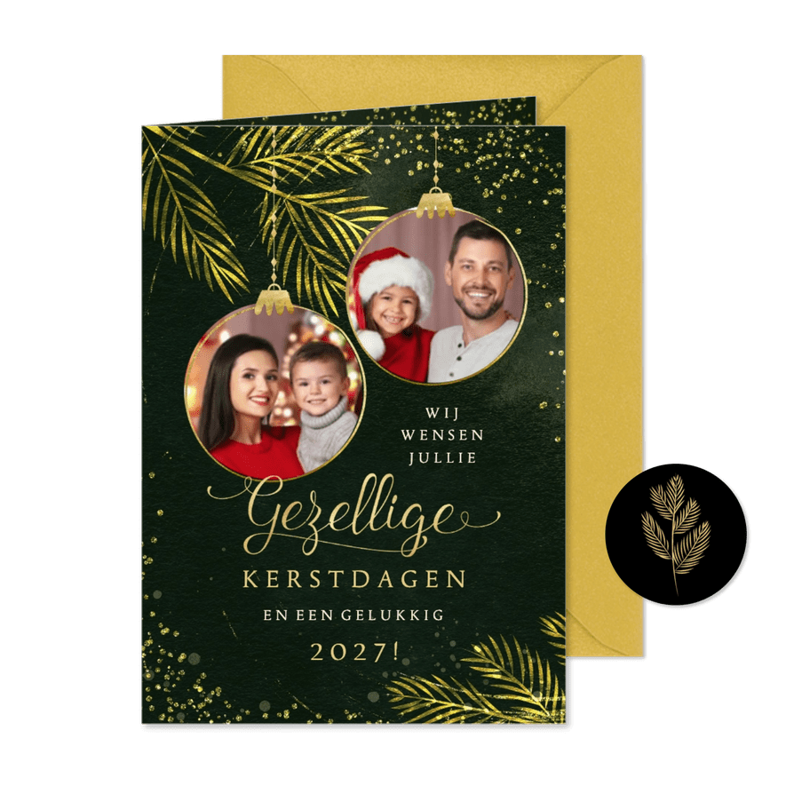 Kerstkaart goudlook sprankelend fotocollage kerstballen - Kaartimpressie