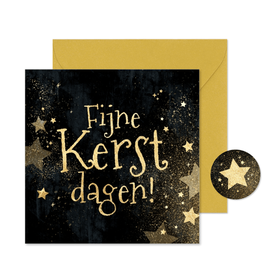 Kerstkaart goudlook sterren spetters op zwart - Kaartimpressie