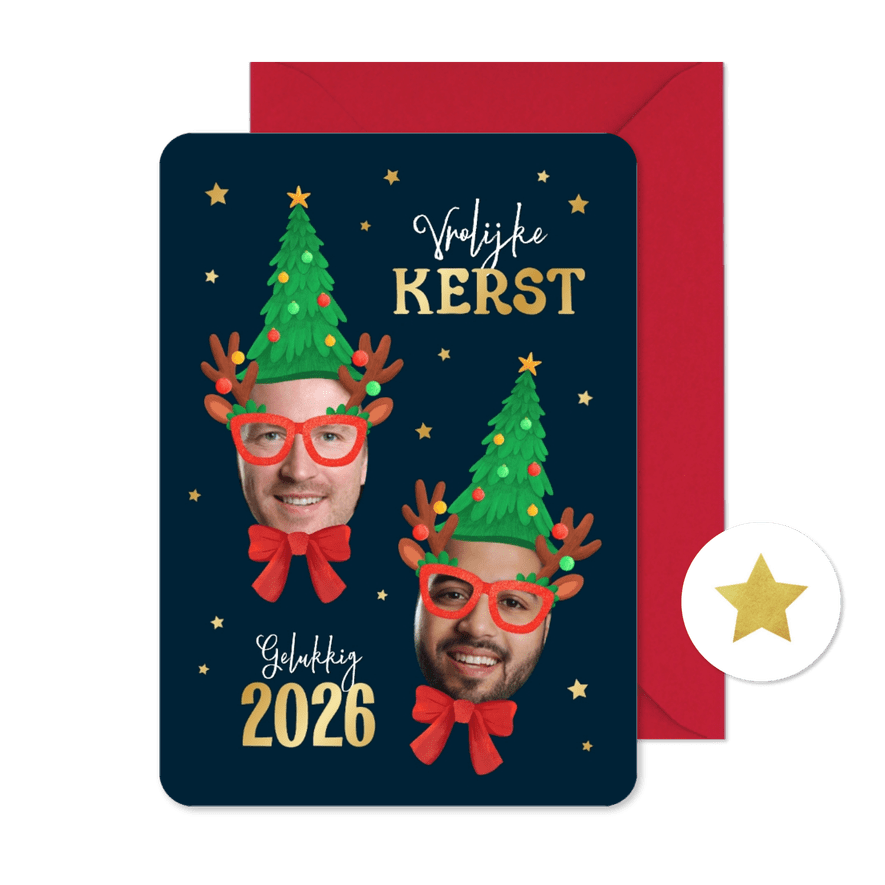 Kerstkaart grappig 2026 kerstmuts kerstboom bril humor - Kaartimpressie