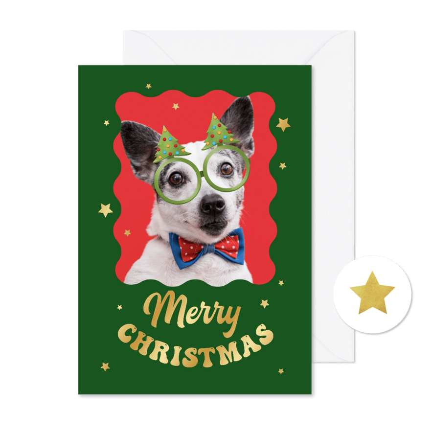 Kerstkaart grappig foto kerstbomen bril sterren goud - Kaartimpressie