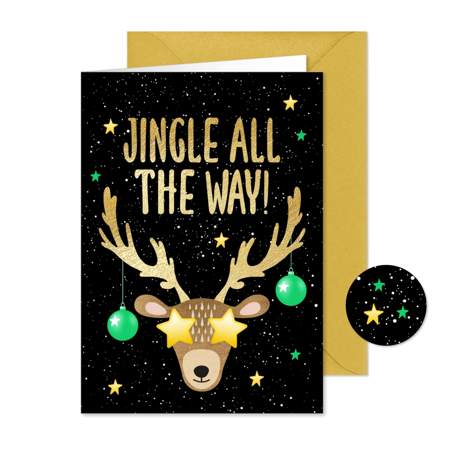 Kerstkaart grappig hert Jingle all the way - Kaartimpressie