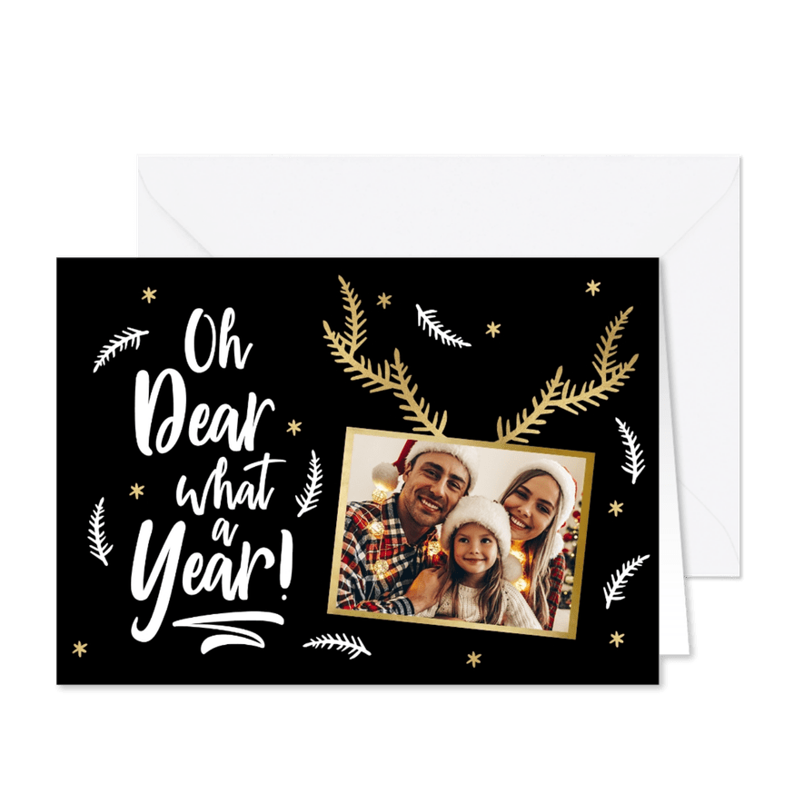 Kerstkaart grappig hertje Oh dear what a year en foto - Kaartimpressie