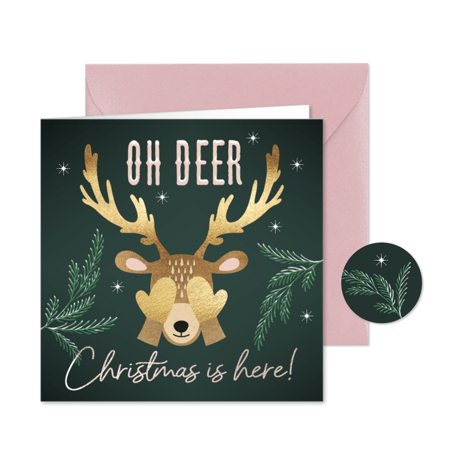 Kerstkaart grappig hertje Oh Deer groen - Kaartimpressie