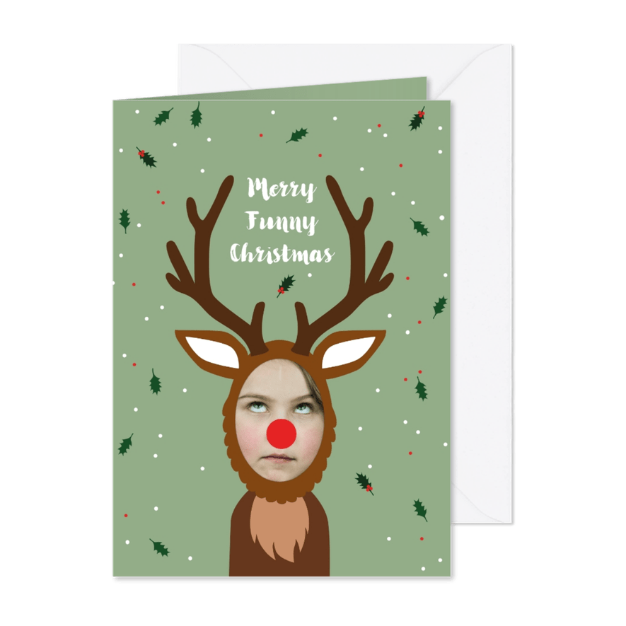 Kerstkaart grappig met eigen foto als rendier - Kaartimpressie