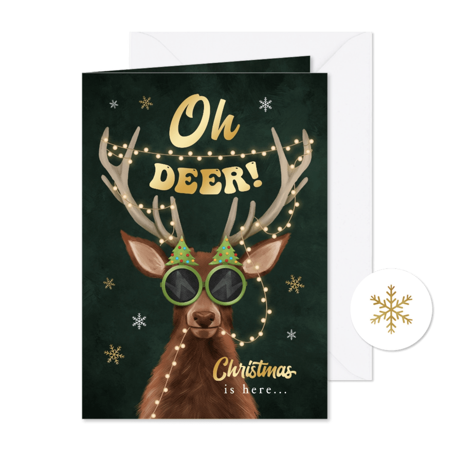 Kerstkaart grappig rendier lampjes oh deer sneeuw - Kaartimpressie