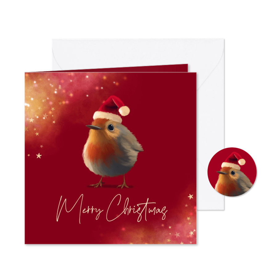 Kerstkaart grappig roodborstje lichtpuntjes kerstmuts - Kaartimpressie