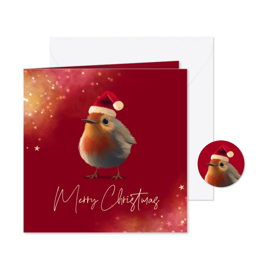 Kerstkaart grappig roodborstje lichtpuntjes kerstmuts  - Kaartimpressie