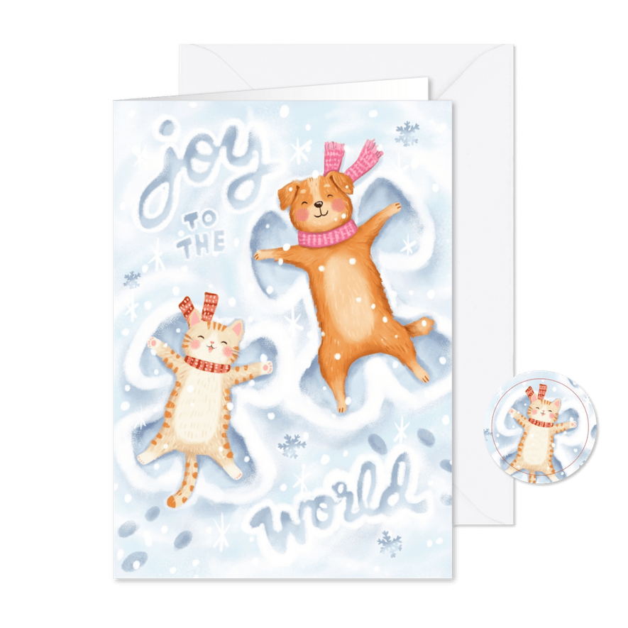 Kerstkaart grappig sneeuw hond kat joy to the world winter  - Kaartimpressie
