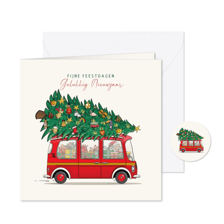 Kerstkaart grappige auto met kerstboom en ballen - Kaartimpressie