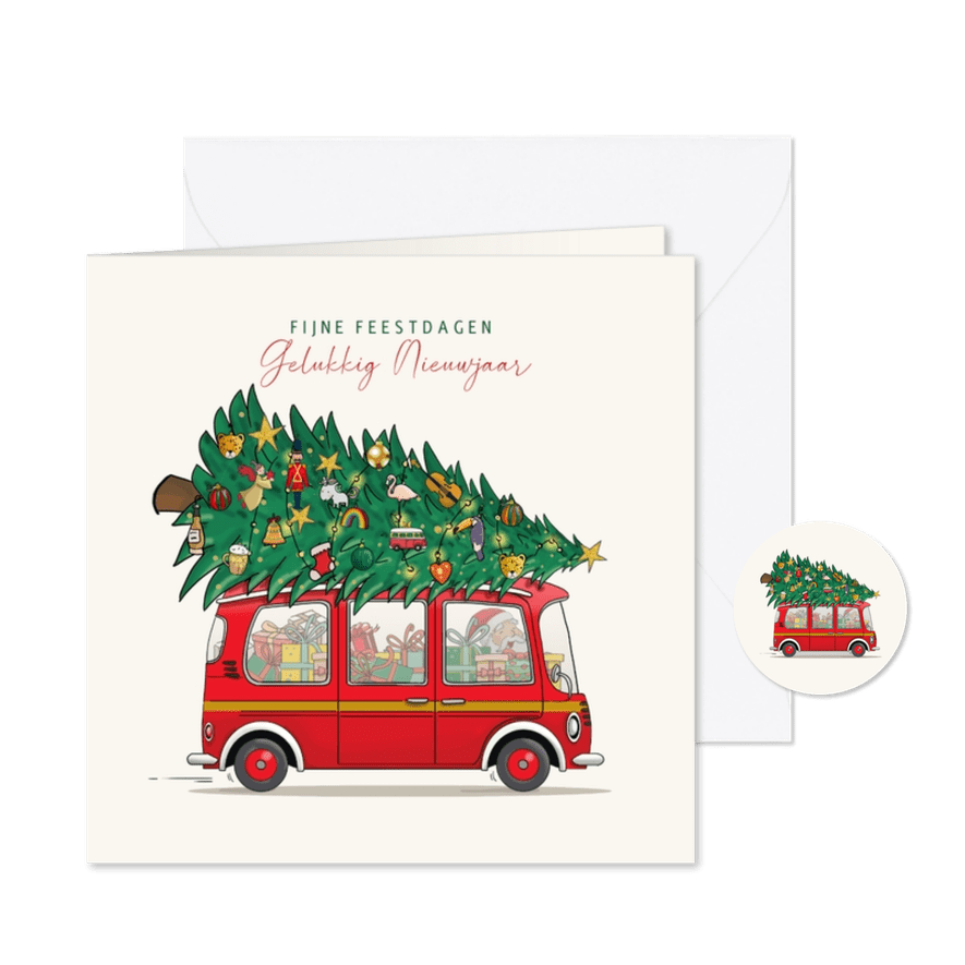 Kerstkaart grappige auto met kerstboom en ballen - Kaartimpressie